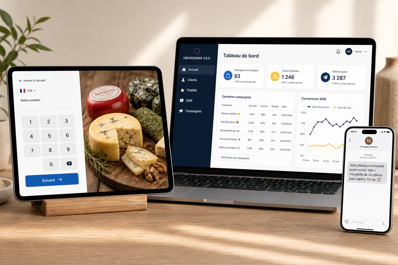 Pack Hexagonia : tablette de fidélité horizontale, back office sur ordinateur et SMS promo de la fromagerie