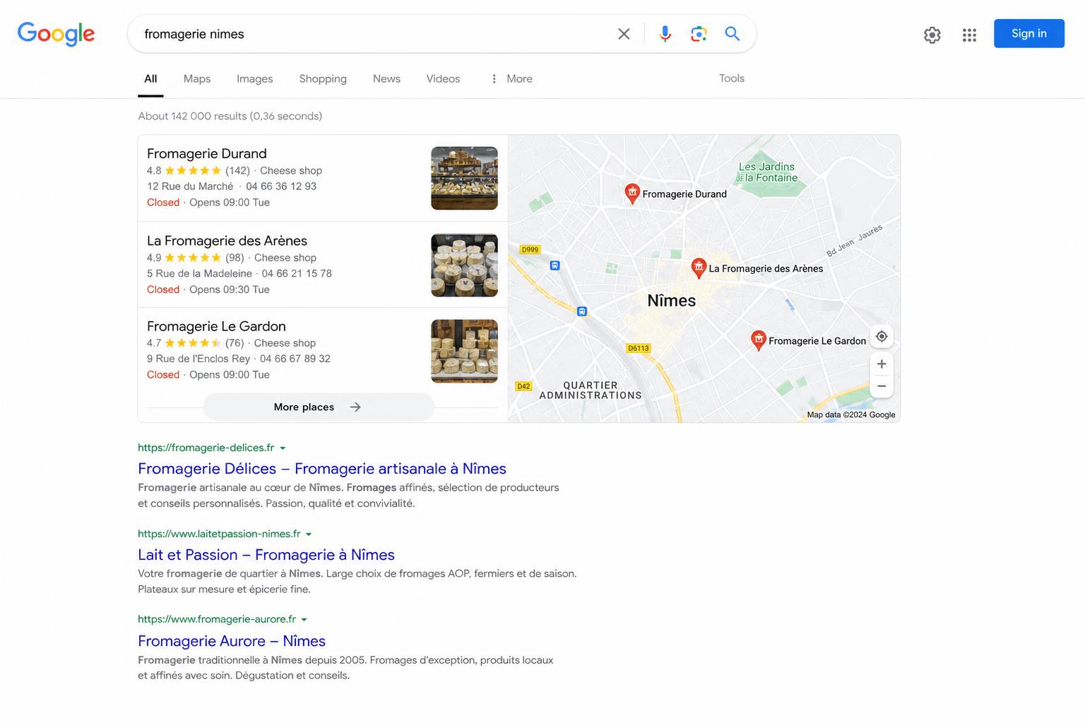 Recherche Google : fromagerie Nîmes